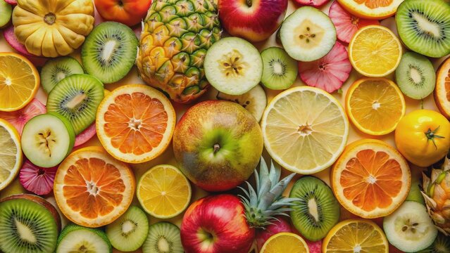 Vibrant collage of exotic fruits in a 16:9 frame, featuring pineapple, apple, and pear slices, accompanied by citric accents, bursting with freshness and color.