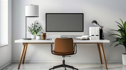 Elegant home office setup with a computer, stylish desk accessories, and a comfortable chair on a white background. 32k, full ultra HD, high resolution