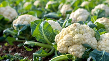 Close-up of fresh cauliflower in a vegetable field. Concept of organic farming, healthy eating, agriculture, fresh produce