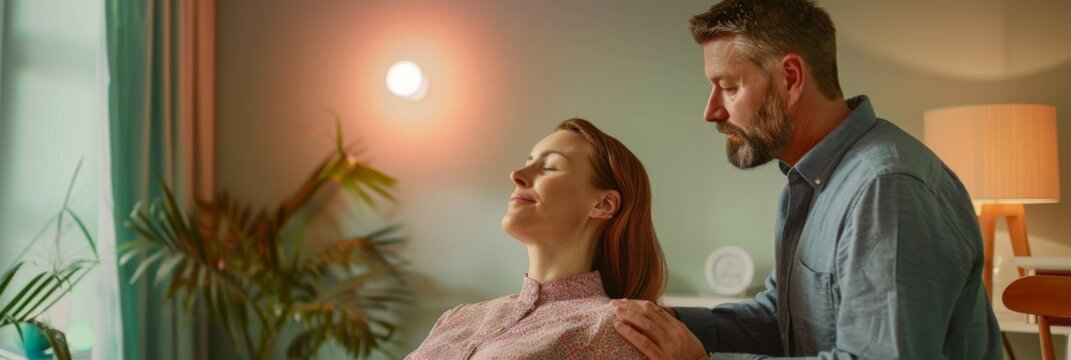 A therapist guides a woman through a hypnosis session in a peaceful therapy room, focusing on mental wellness