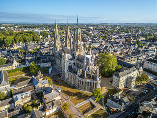 The drone aerial view of Bayeux Cathedral, also known as Cathedral of Our Lady of Bayeux is a Roman Catholic church located in the town of Bayeux in Normandy, France.
