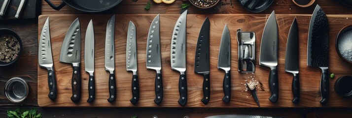 An overhead view of a collection of kitchen knives laid out on a butcher block, ready for preparing a meal