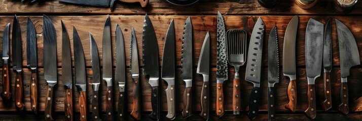 A variety of kitchen knives and tools are laid out on a butcher block countertop, ready for preparing a meal