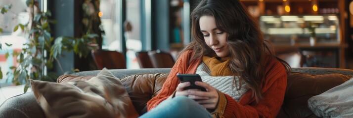 Woman scrolling through her smartphone while sitting in a cozy café