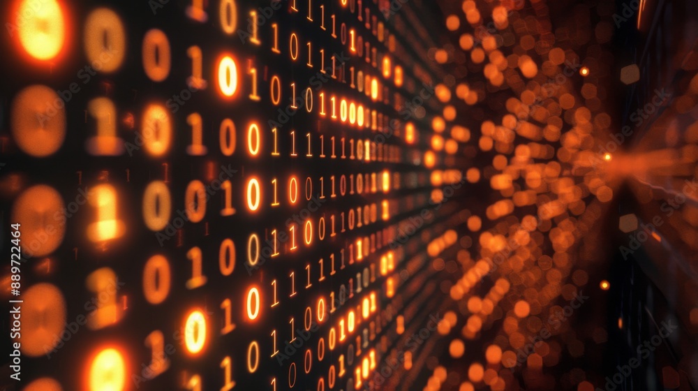 Poster A close-up shot of a binary code pattern with glowing orange lights, creating a digital and futuristic aesthetic.