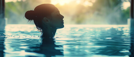 Silhouette of a woman relaxing in an outdoor pool at sunset, reflecting peaceful and tranquil moments in a serene environment.