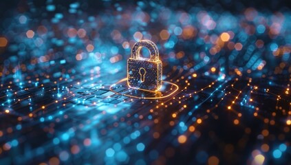 Digital Security Network: A Glowing Padlock on a Circuit Board
