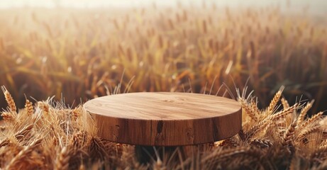 Wooden podium in wheat field for product presentation and natural display