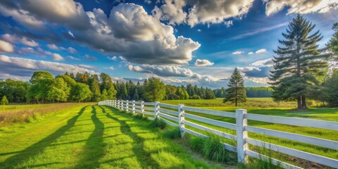 Rustic white wood fence with pointed tips stretches across a lush green meadow, bordered by tall trees, under a serene blue sky with puffy white clouds.