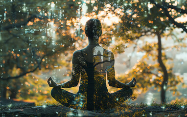 Obraz premium A person practicing meditation in a serene forest setting, blending nature with mindfulness and tranquility, creating a peaceful ambience.