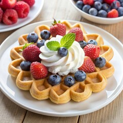 Waffles with berry filling and whipped cream in the shape of a flower: the perfect dessert that will decorate any breakfast or dinner
