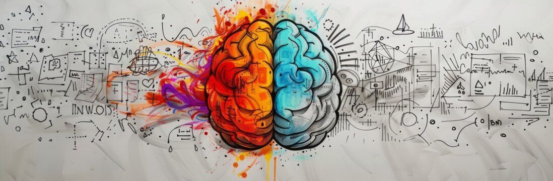 A textured illustration of the left and right sides of the human brain. Conceptual illustration combining the left and right sides of the brain, with emotive and logic components for both sides, and