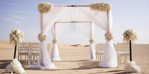 Piękny ogr&oacute;d przygotowany na wesele w plenerze - ślub w ogrodzie pod pergolą z białymi zasłonami, nakryte stołki, biały dywan, płatki kwiat&oacute;w wśr&oacute;d natury na pustyni