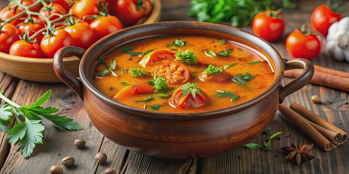 Vibrant orange South Indian tomato rasam curry simmers in a clay pot, filled with juicy tomatoes, fragrant cumin, and bold spices, surrounded by fresh cilantro.
