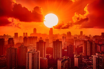 Dramatic Urban Heat Wave with Towering Skyscrapers and Vibrant Orange Sky
