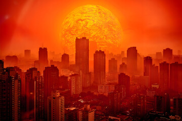 Fototapeta premium Dramatic Urban Heat Wave with Towering Skyscrapers and Vibrant Orange Sky