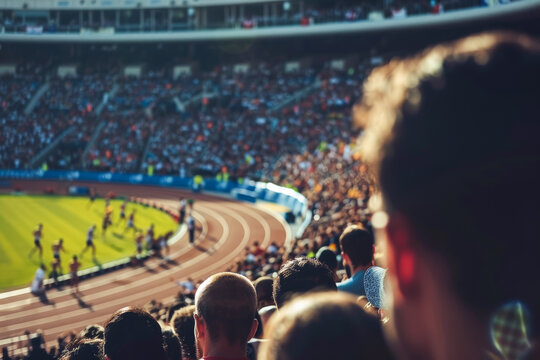 Crowd is enjoying a sunny day at the stadium watching athletes running on a track