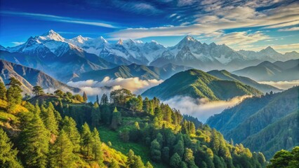 Serene snow-capped Himalayan mountains landscape with lush green forests and misty valleys on a sunny day, perfect for Uttarakhand Foundation Day celebrations.