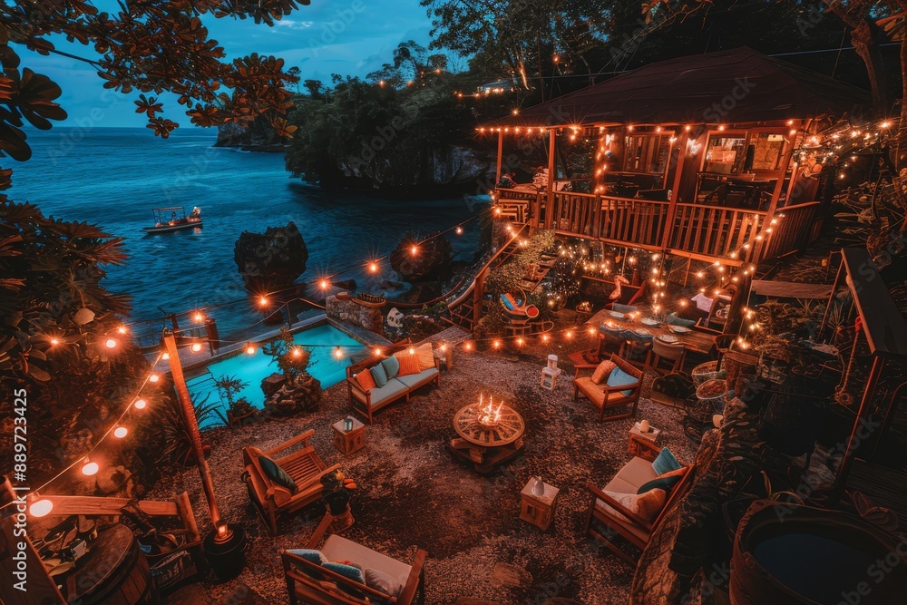Aufkleber romantic dinner setup on a beach at sunset with string lights capturing the essence of an intimate t