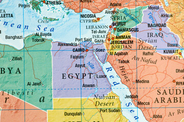 Egypt, Jordan, Israel on the world map close-up