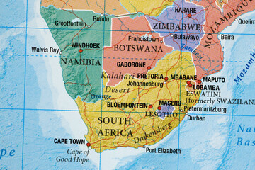 South Africa, Namibia, Botswana on the world map close-up