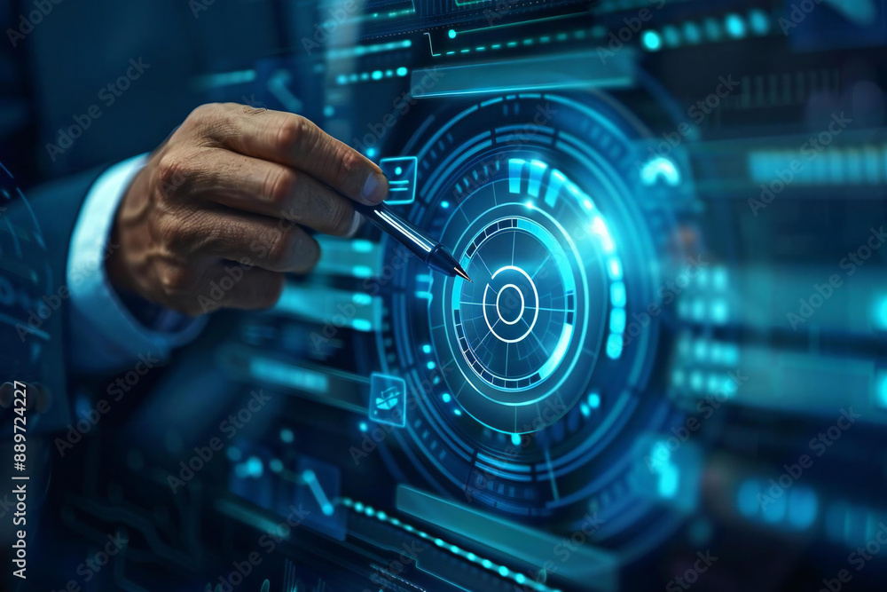 Poster close-up shot of a businessman in a suit using a pen to tick or check mark on a virtual screen, symb