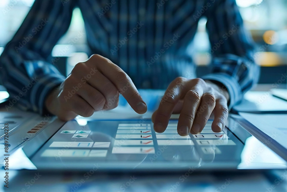 Poster photo idea: close-up shot of a manager using a digital tablet to verify and approve online documents