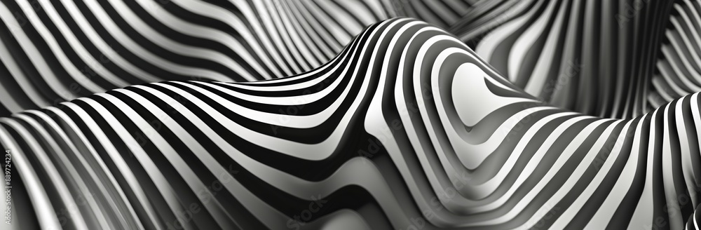 Poster 3d rendering of an abstract surface with stripes in black and white