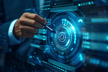 Fototapeta premium close-up shot of a businessman in a suit using a pen to tick or check mark on a virtual screen, symbolizing verification in a paperless workplace with online document management