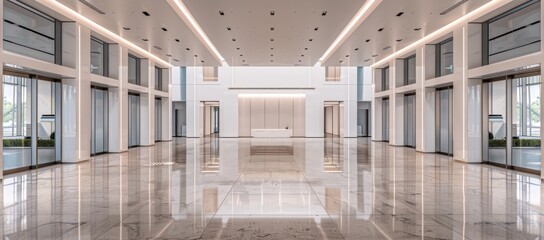 Obraz premium Office mockup with marble and wooden wall with large windows and sun shining through