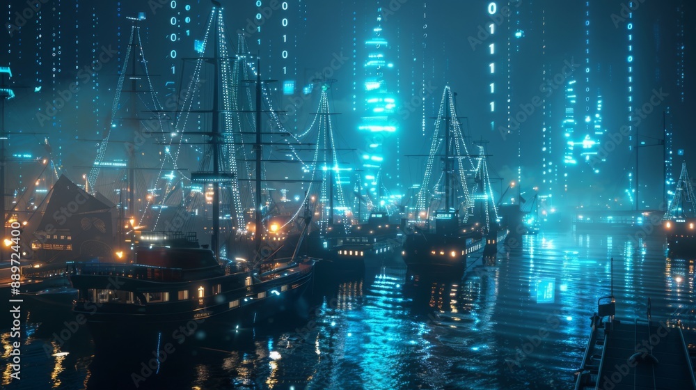 Poster a digital rendering of a harbor at night, filled with ships and glowing with blue light. the water r
