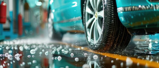 Sleek luxury car getting a thorough cleaning in an automated car wash, water jets spraying, vehicle maintenance