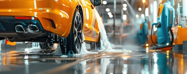 Fototapeta premium Sleek car covered in soapy foam at automated car wash, water jets and brushes in motion