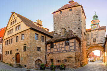 A view of the famous historic town of Rothenburg ob der Tauber, Franconia, Bavaria, Germany.	