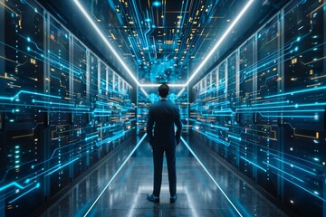  A dramatic photo of a Chief Technology Officer standing confidently in a futuristic data center, surrounded by digitalization lines and streaming servers, showcasing the concept