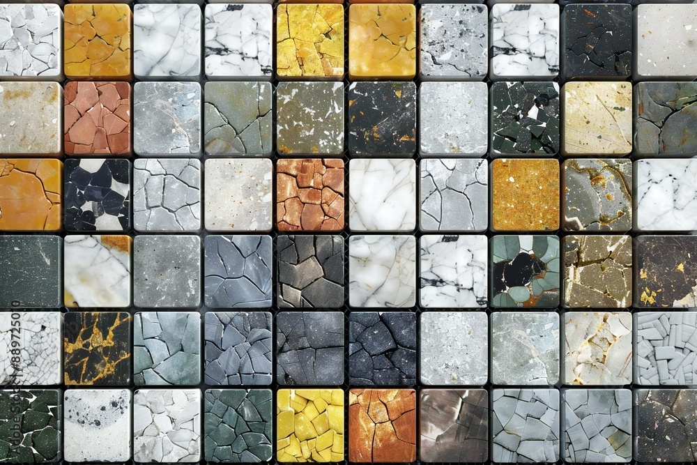 Poster close-up shots of different colored quartz tiles arranged in a visually appealing pattern for floors