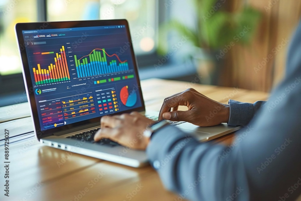 Poster close-up shot of a businessman or data scientist working intently on a laptop, with a colorful and d