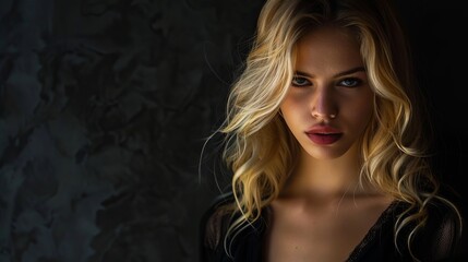 Fototapeta premium Gorgeous blonde with a sensual appearance against a black backdrop, party.