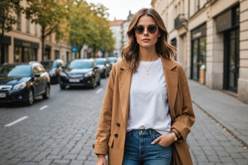 Obraz premium Stylish women's clothing. Casual clothes, street fashion, fashion accessories, style, elegance, beautiful clothes. Summer, spring or fall street look.