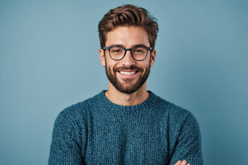 Obraz premium Young handsome man with beard wearing casual sweater and glasses over blue background happy face smiling with crossed arms looking at the camera. Positive person.