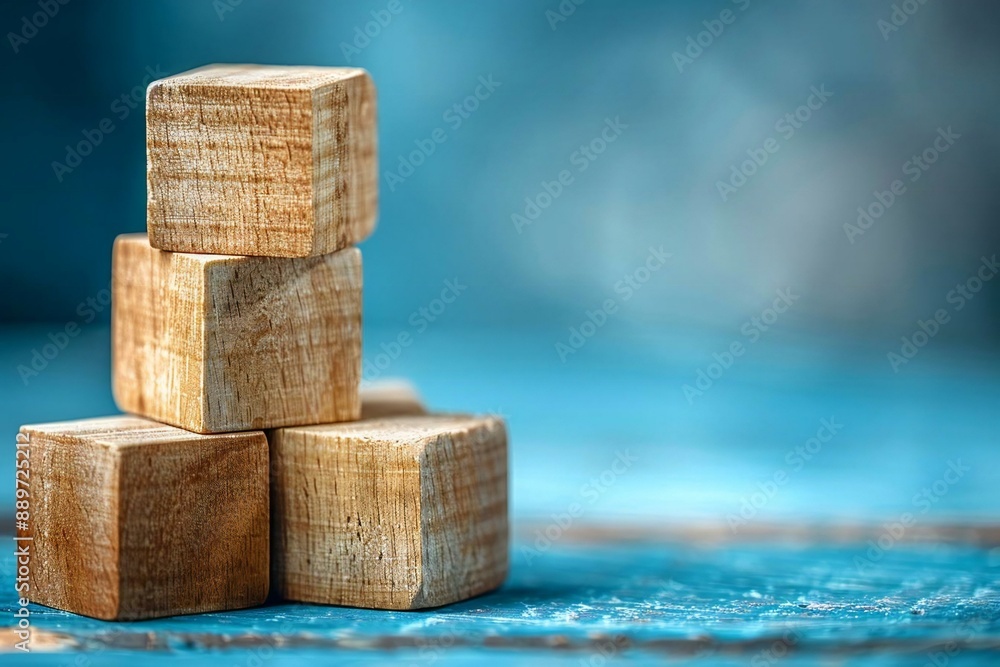 Aufkleber photo of a wooden cube block arranging task on a blue background, symbolizing business goal achievem