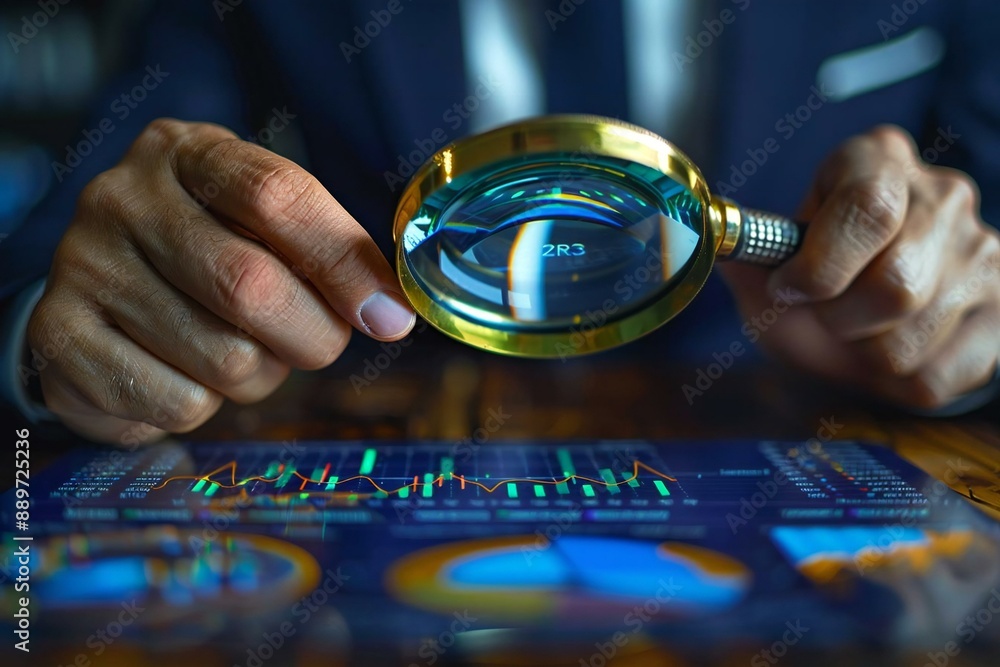 Poster close-up shot of a business executive holding a magnifying glass over a chart with kpi data, symboli