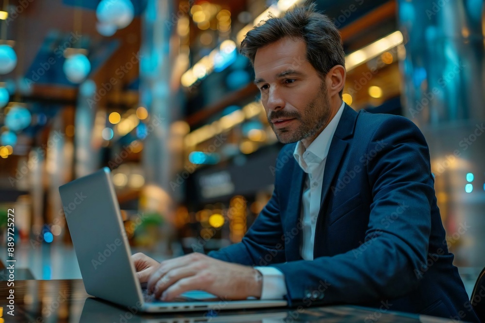 Poster photo of a businessman sitting at a laptop computer, engaged in conversation with an intelligent art