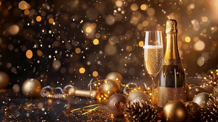 Golden champagne bottle and glasses with sparkling decorations create a luxurious atmosphere for a special celebration.