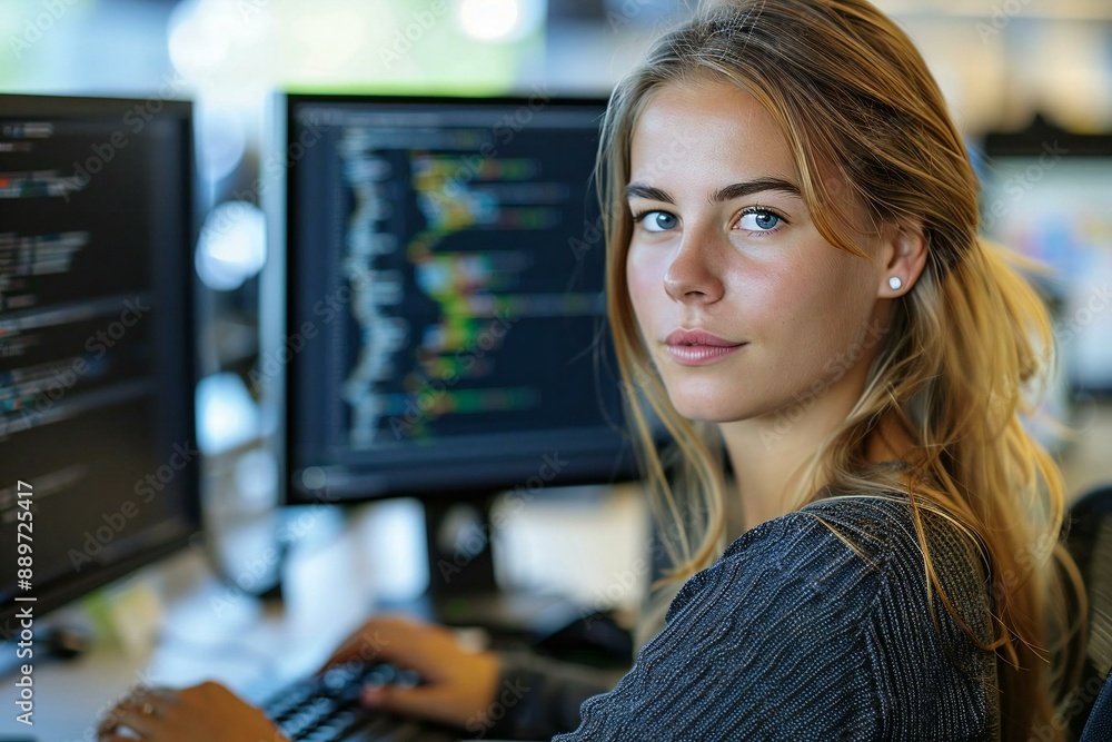Aufkleber young woman coding on computer with two monitors in office.