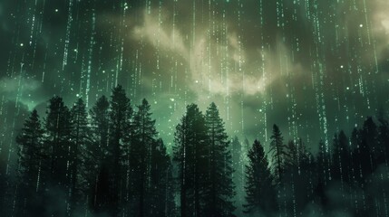 Silhouetted pine trees stand in a forest, illuminated by a green, digital rain falling from the night sky.