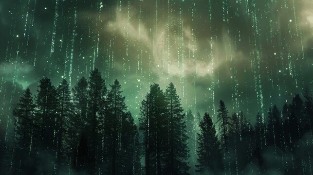 Silhouetted pine trees stand in a forest, illuminated by a green, digital rain falling from the night sky. - Powered by Adobe