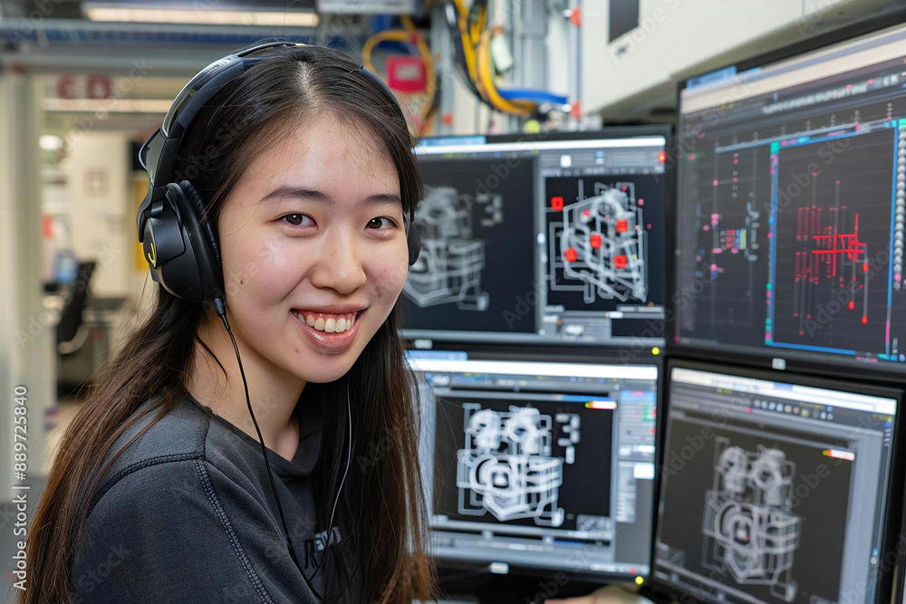 Aufkleber portrait of a happy woman mechanical engineer working on cad software with 3d prototype displayed on