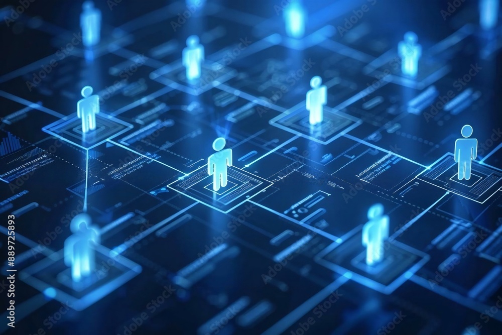 Poster photo of a virtual screen displaying a detailed business hierarchy and company structure concept, wi