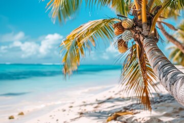 Fototapeta premium Close up of a palm tree on a sandy beach capturing the vibrant essence of a tropical paradise